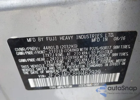 2017 Subaru Forester 2.5I Premium from USA, damaged, VIN JF2SJAGC8HH462929